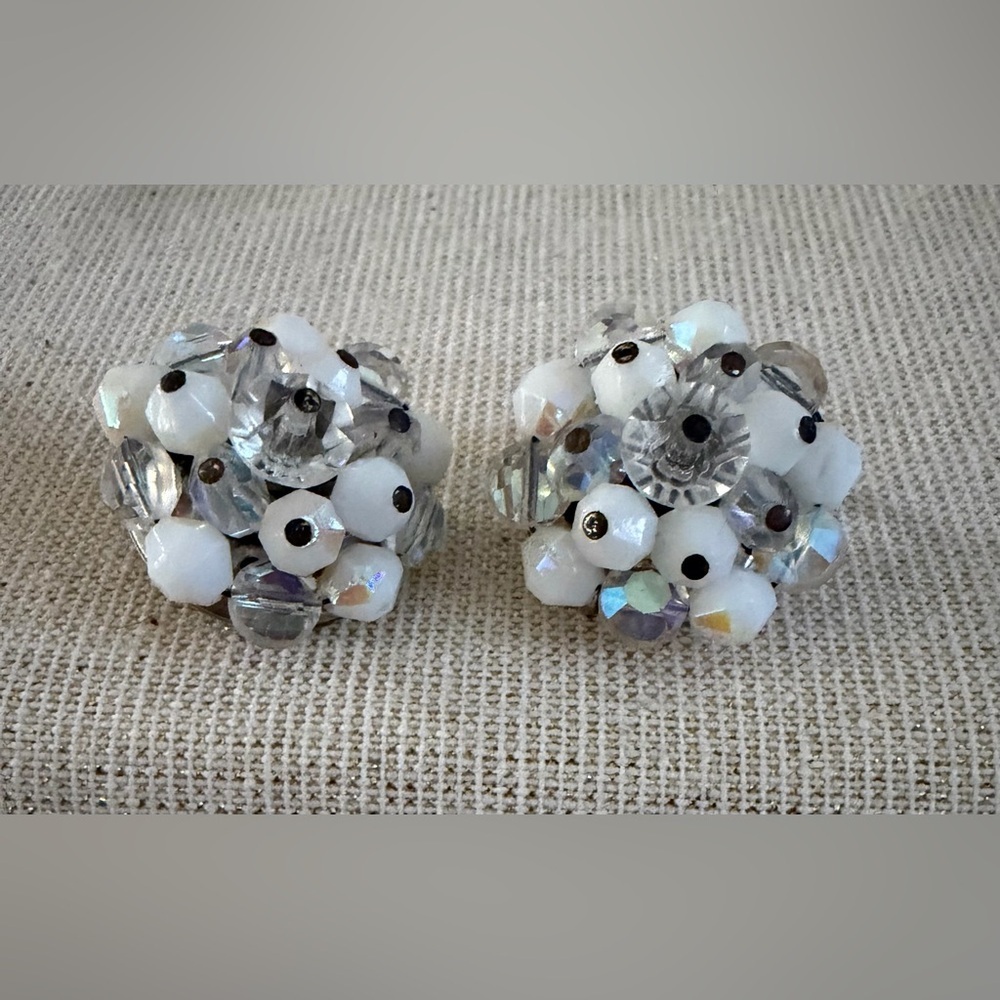 Vintage Laguna Aurora Borealis Beaded Cluster Clip-On Earrings - Women Jewelry